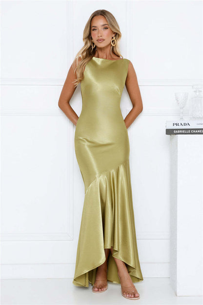 green satin fishtail large swing maxi dress
