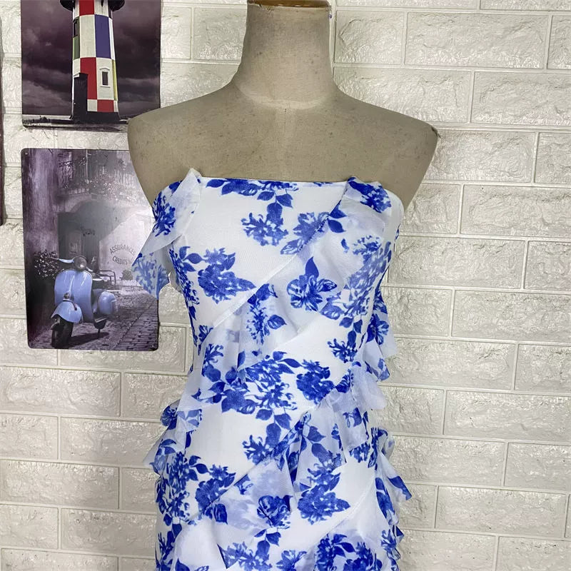 blue bandeau ruffled  wrap mini dress