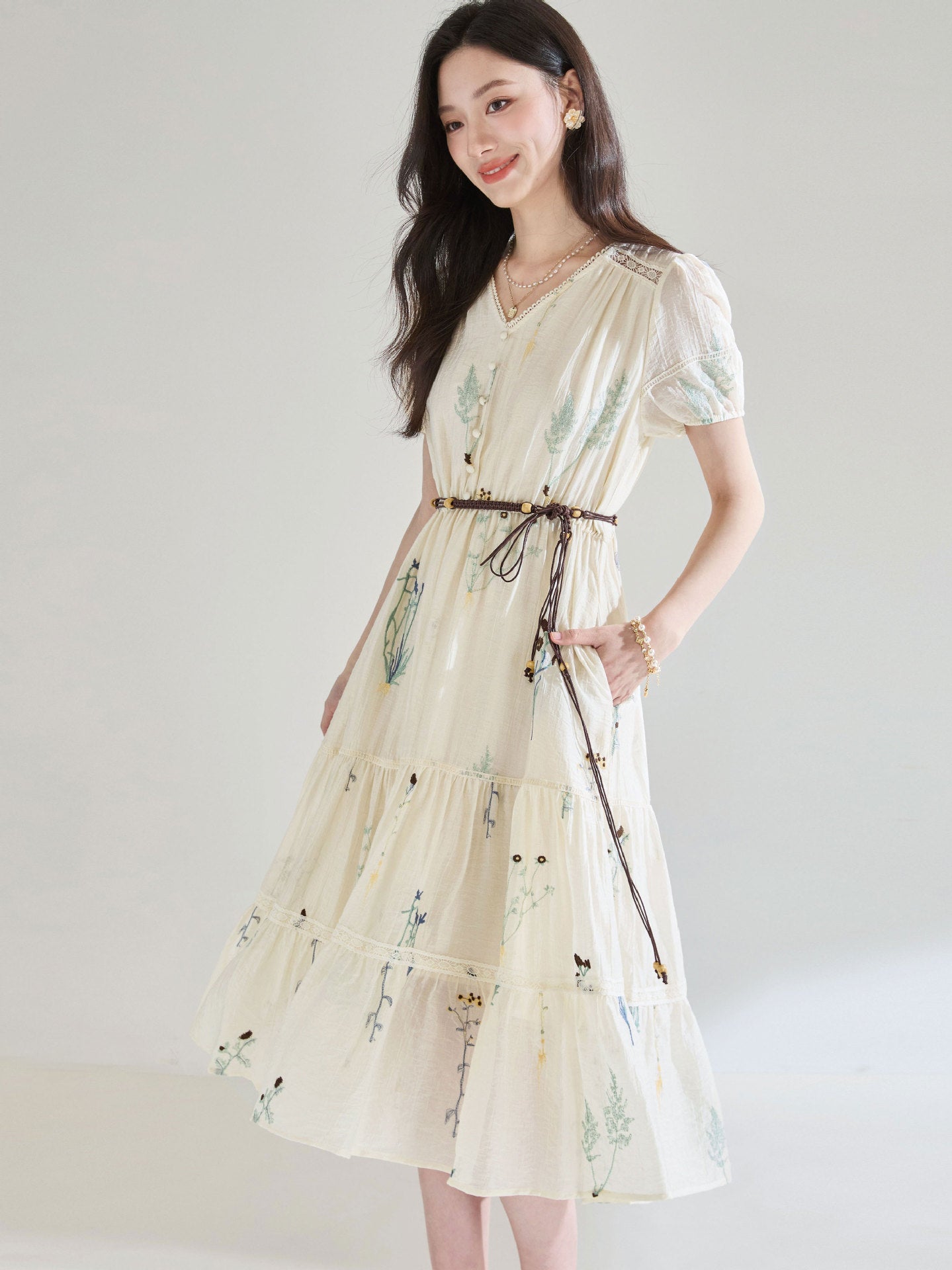 French Embroidered Tencel Pleated Textured midi Dress