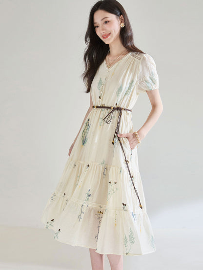 French Embroidered Tencel Pleated Textured midi Dress