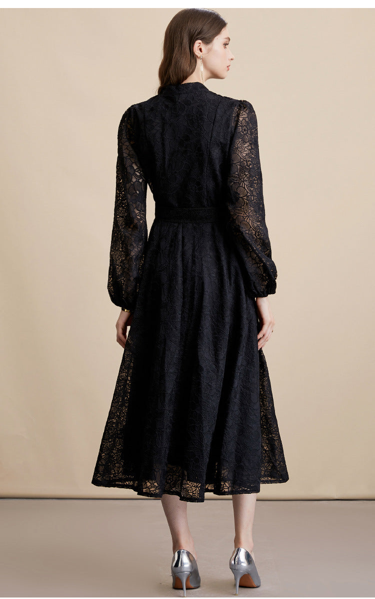 Lace embroidered stand-up collar single-breasted full skirt dress