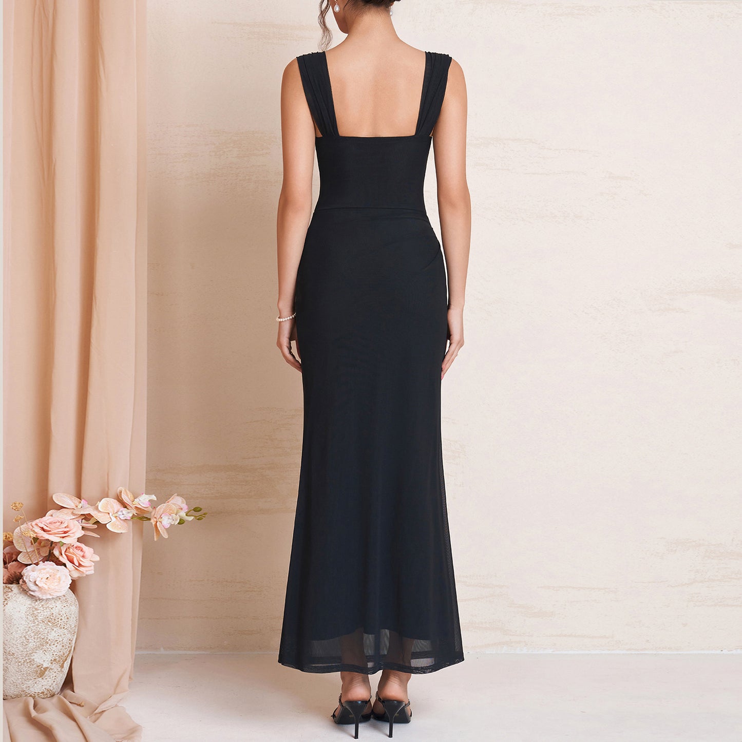 black spaghetti strap off-shoulder maxi dress
