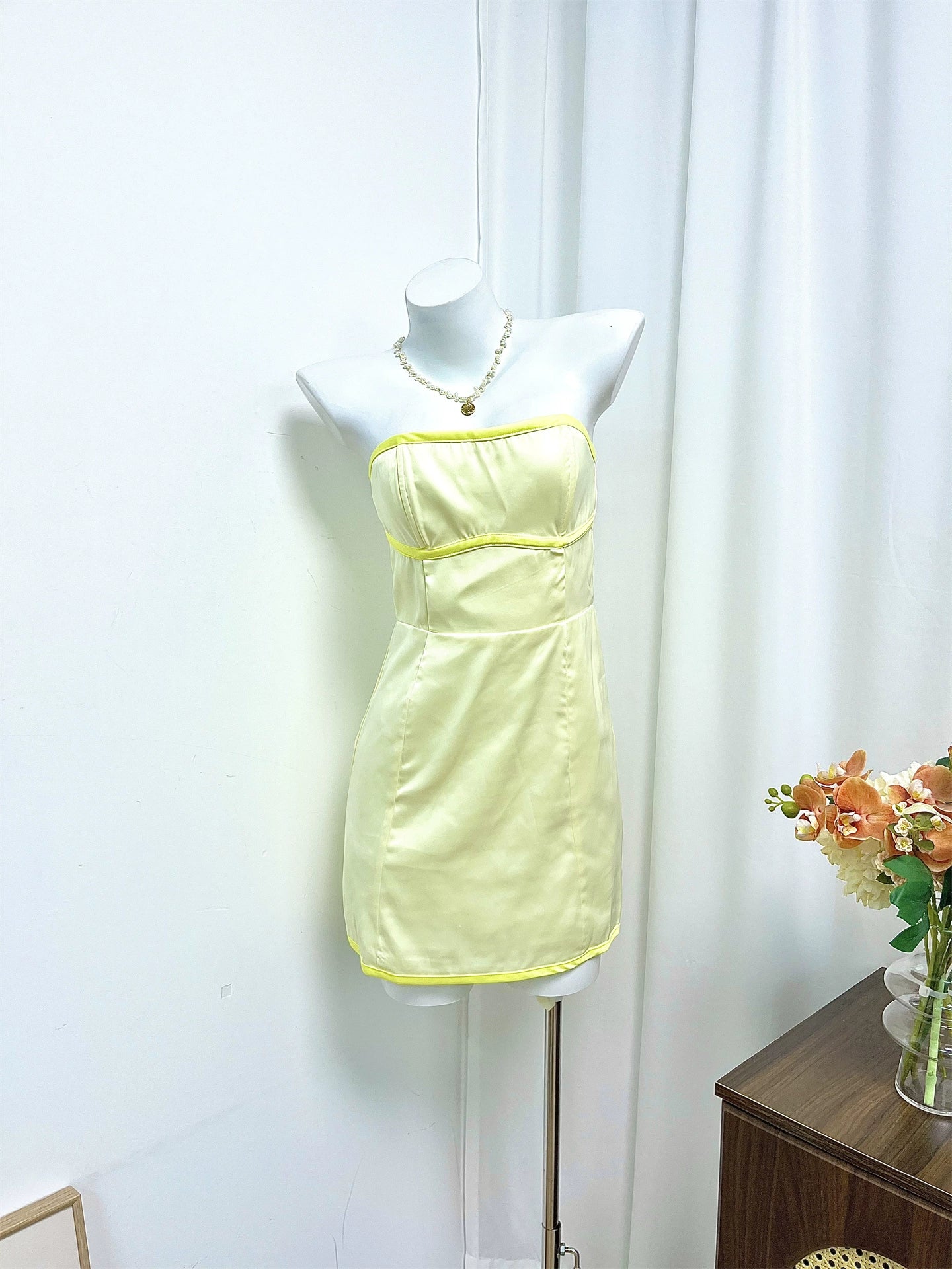 yellow satin bandeau mini dress