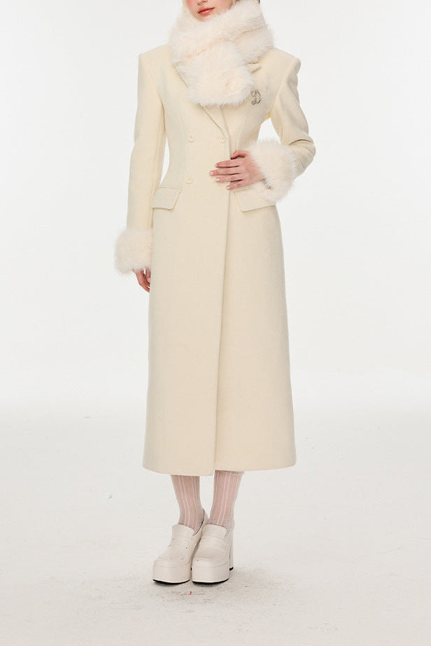 Ivory Slim faux fur mid-length woolen coat