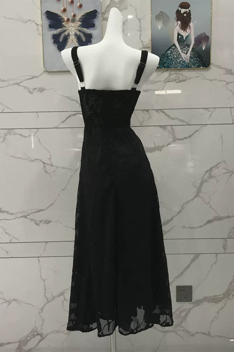 black low-cut midi dress