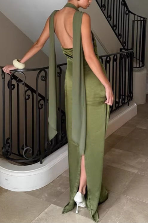 olive green satin deep V streamer maxi dress