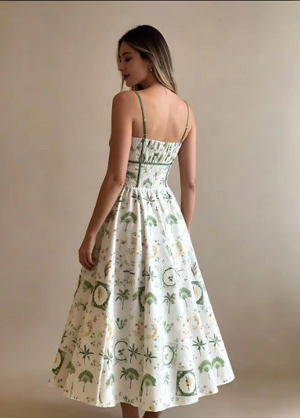 printed camisole waist-cinched midi dress