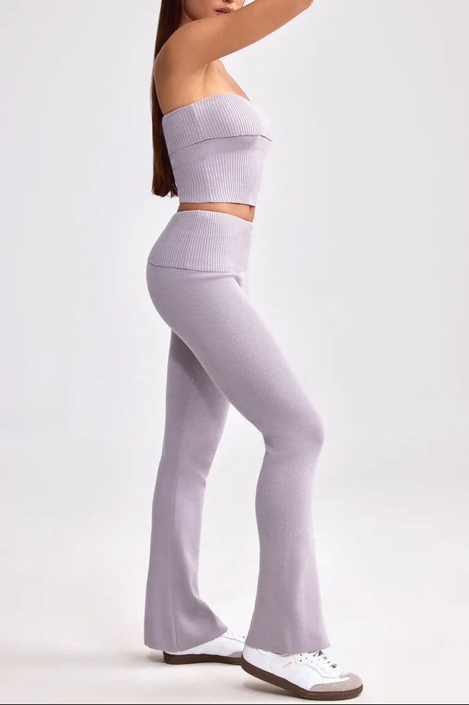 purple Strapless top and flared trousers two-piece set