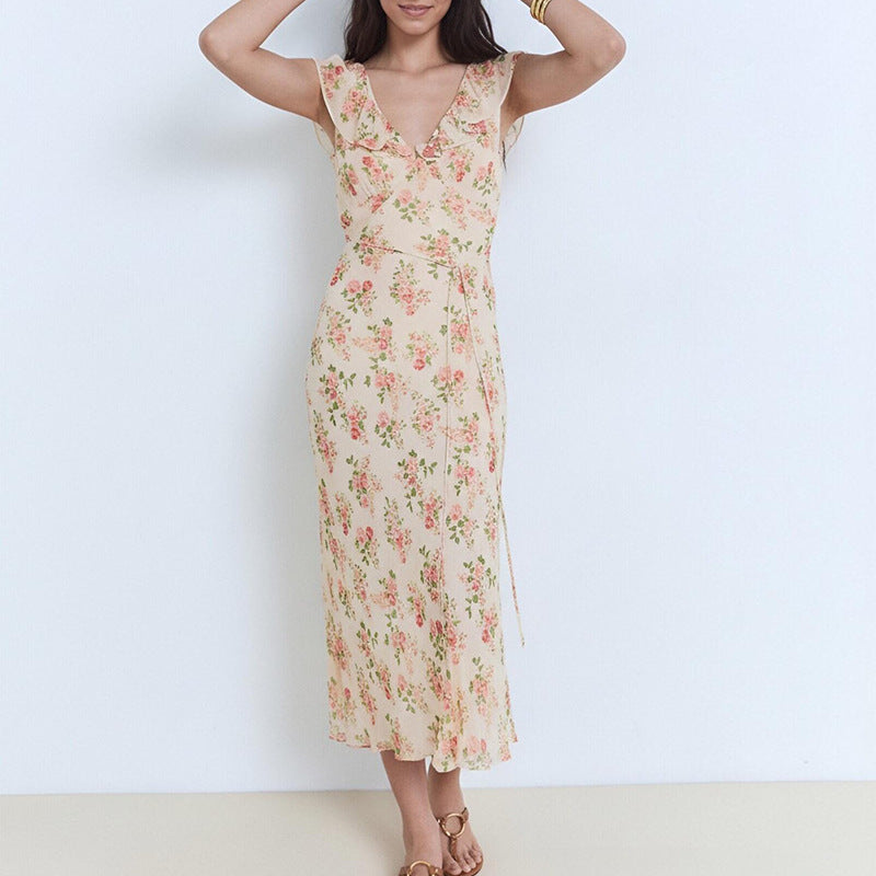 V-neck floral lace-up slim dress
