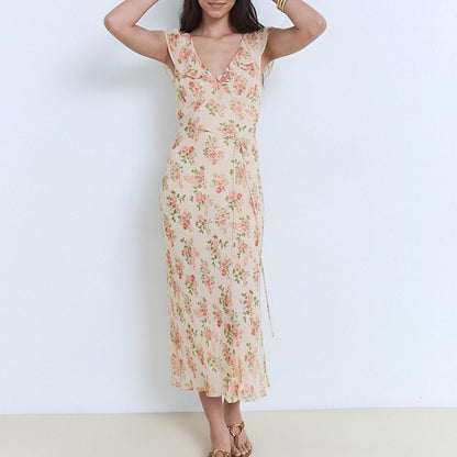 V-neck floral lace-up slim dress