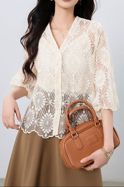 Hollow-out lace embroidered short cardigan - apricot