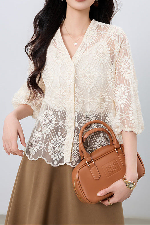 Hollow-out lace embroidered short cardigan - apricot