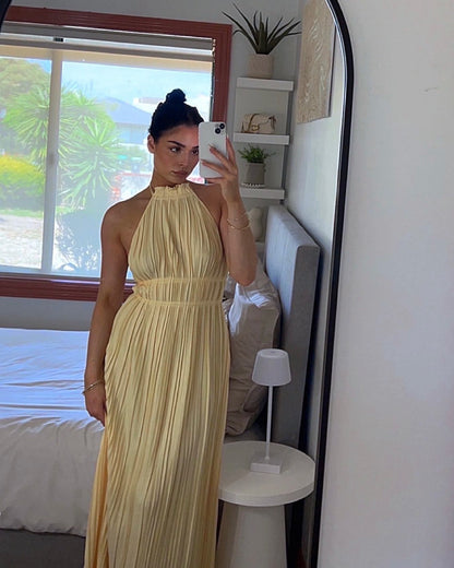 Backless tie-waist pleated long dress