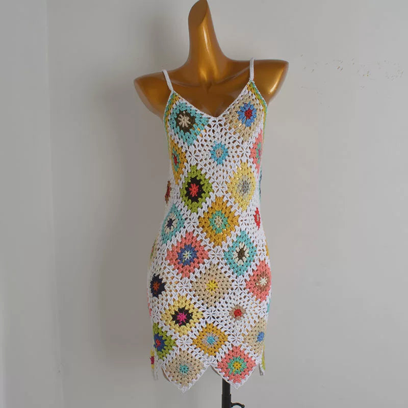 Boho Granny Square Crochet Mini Dress