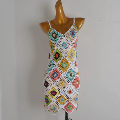 Boho Granny Square Crochet Mini Dress