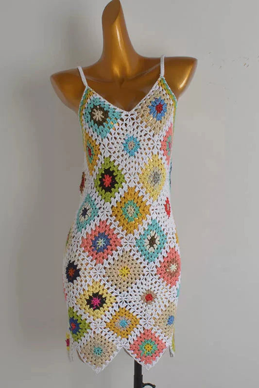 Boho Granny Square Crochet Mini Dress
