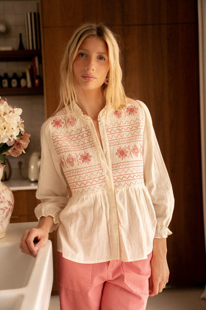 pink embroidery cotton linen single-breasted long-sleeved shirt
