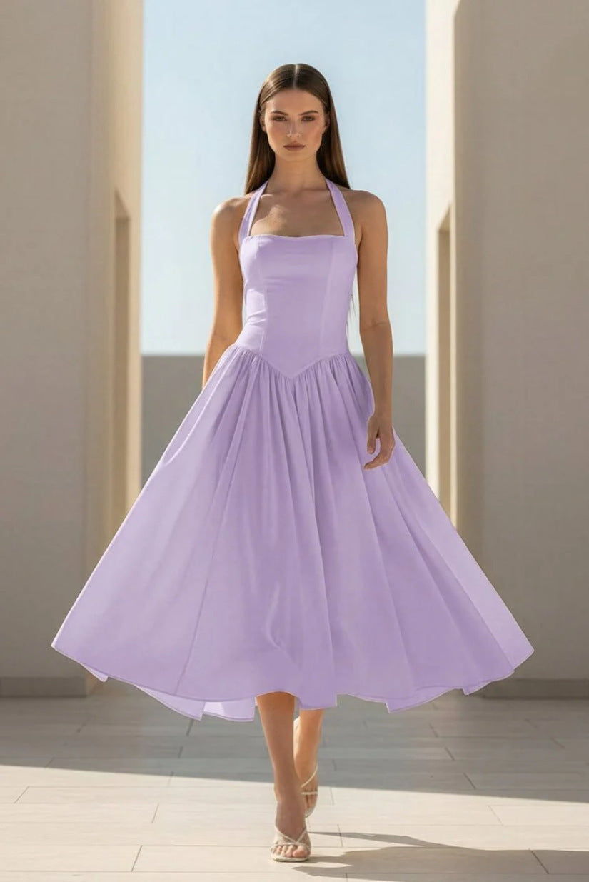 purple Halter Strappy Backless midi Dress
