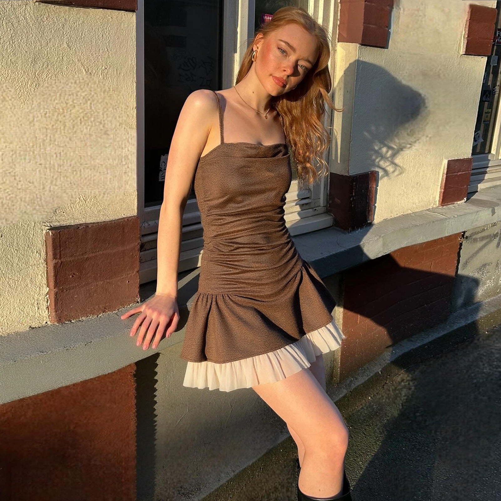 Vintage PU leather suspender dress