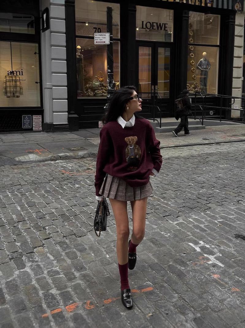 Burgundy retro bear embroidery loose pullover sweater