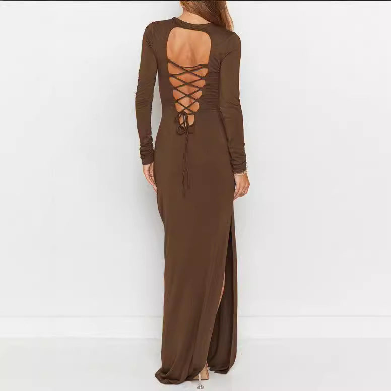 brown Round neck long sleeve hollowed-out backless bodycon dress