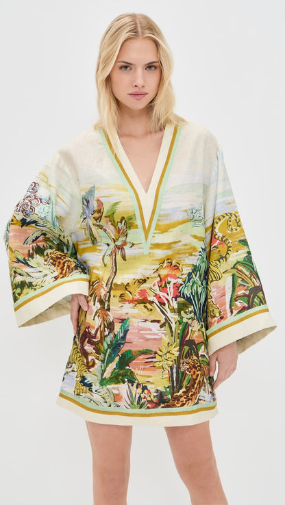 Vacation v-neck print long-sleeved mini dress