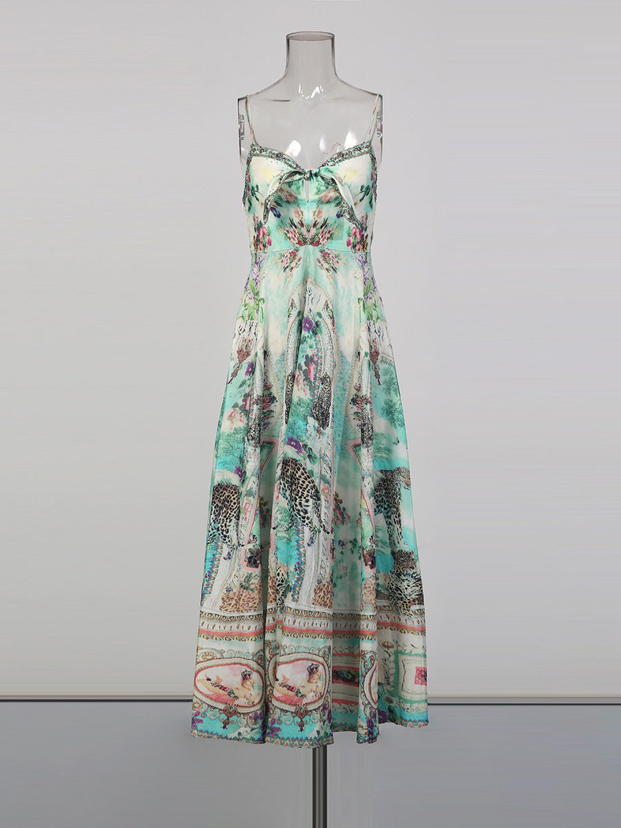 Bohemian print ruffled hem maxi dress - green