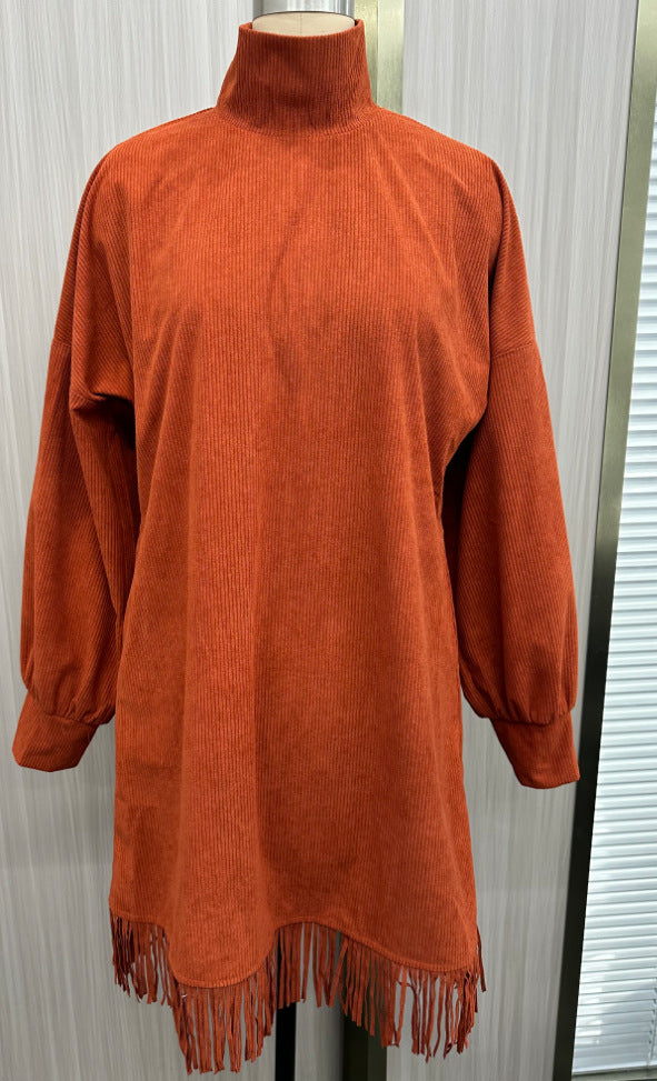 Orange Corduroy Loose Tassel Hem High Collar Dress