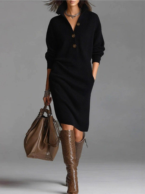 Button-down collar straight knit sweater midi dress