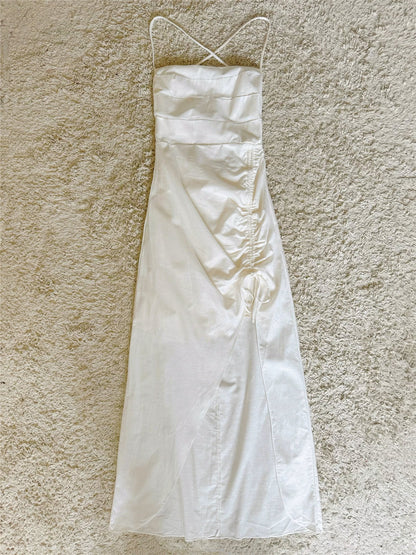 Crisscross Spaghetti Strap Ruched Split Maxi Dress