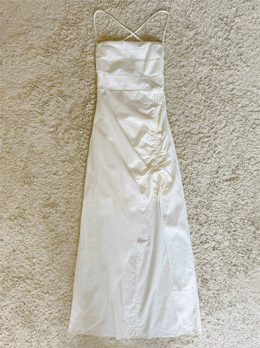 Crisscross Spaghetti Strap Ruched Split Maxi Dress