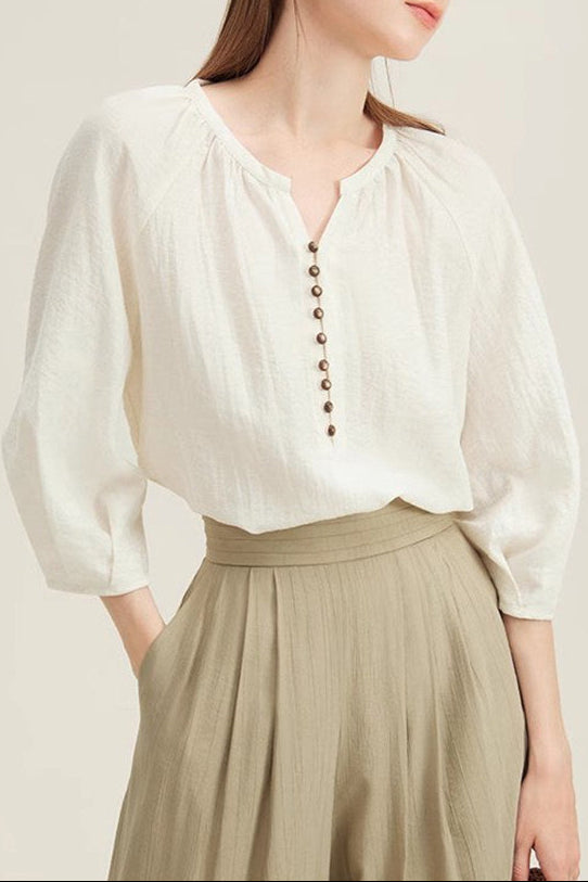 Retro round neck three-quarter sleeve linen shirt
