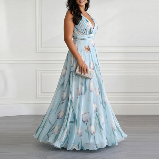 blue Print Waist Cinching V-Neck Dress