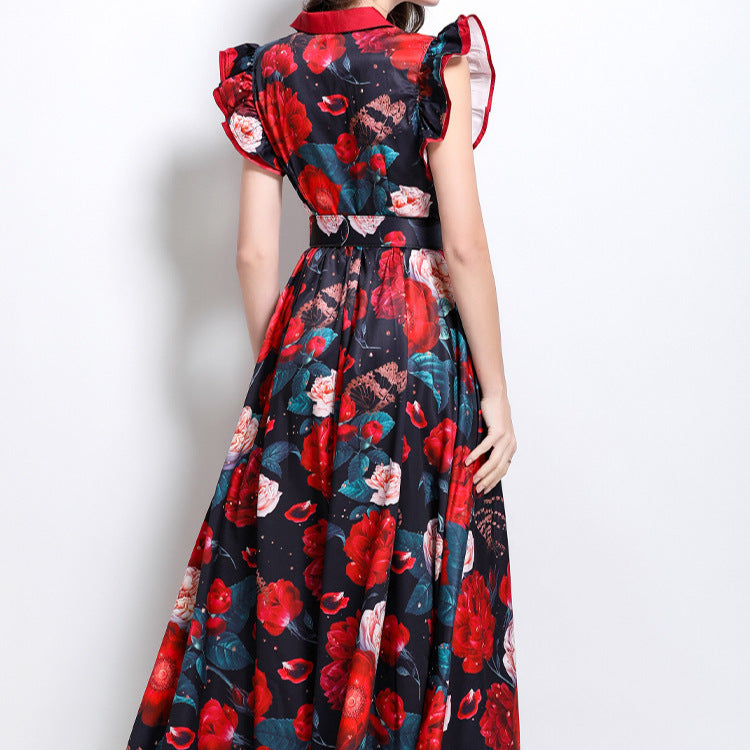 Printed ruffled sleeve collar single-breasted maxi dress