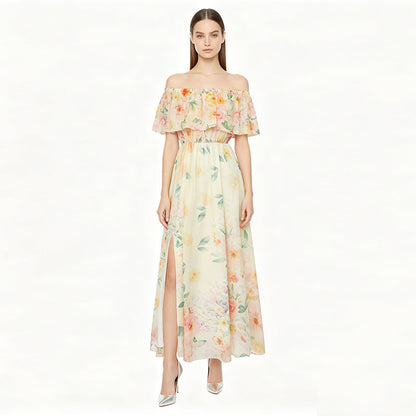 Off-shoulder print slit chiffon maxi dress - pale yellow