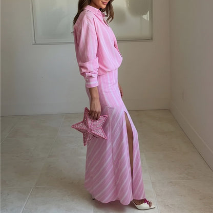 pink Striped Lapel Slit Long Skirt Set