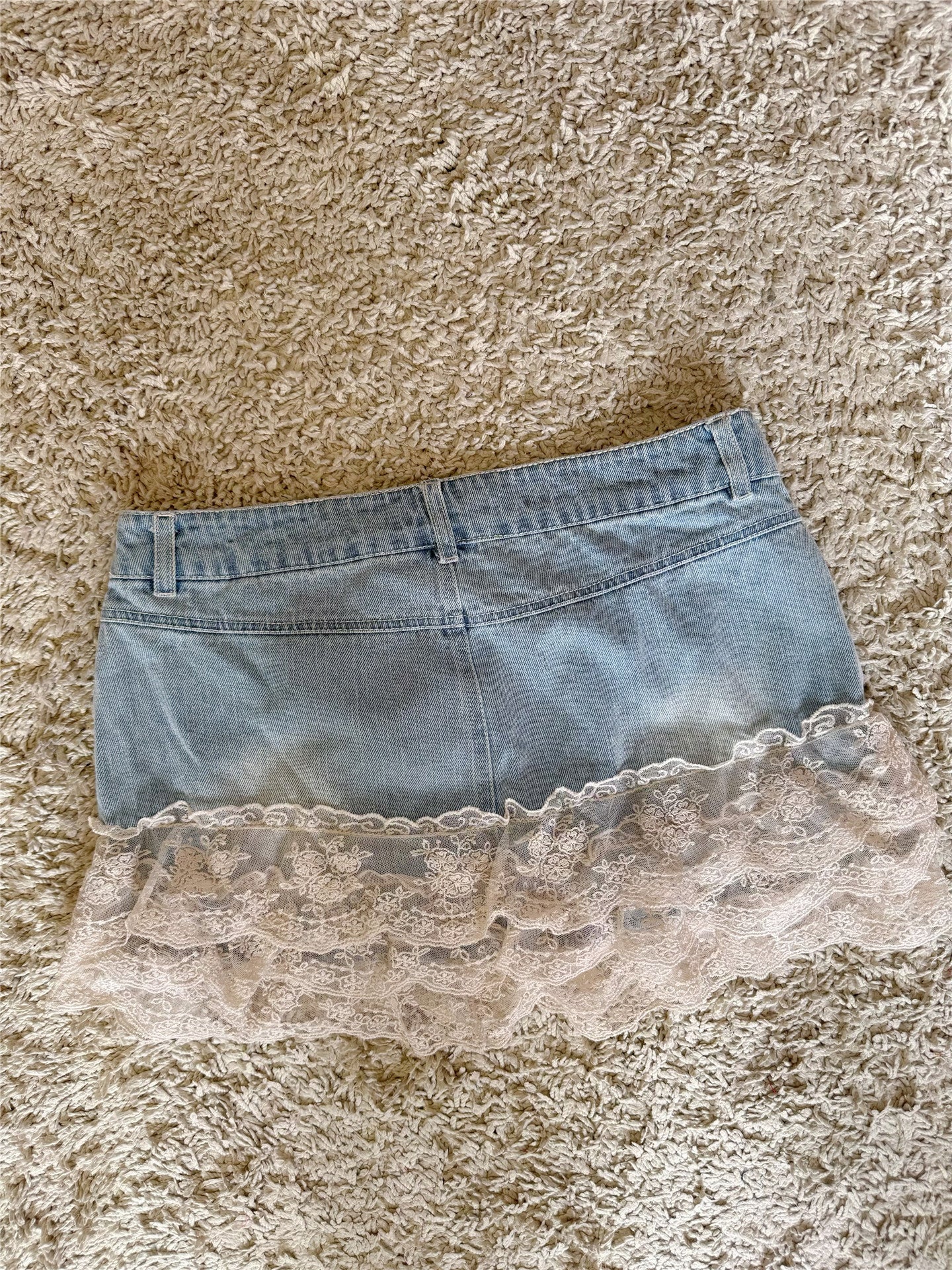 layered lace ruffle patchwork with pure cotton denim low-rise mini short skirt