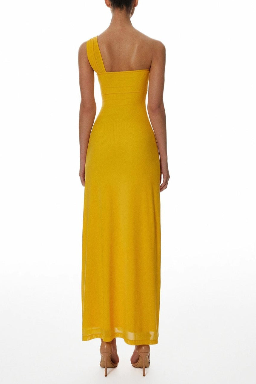 one-shoulder flower a-line maxi dress in yellow