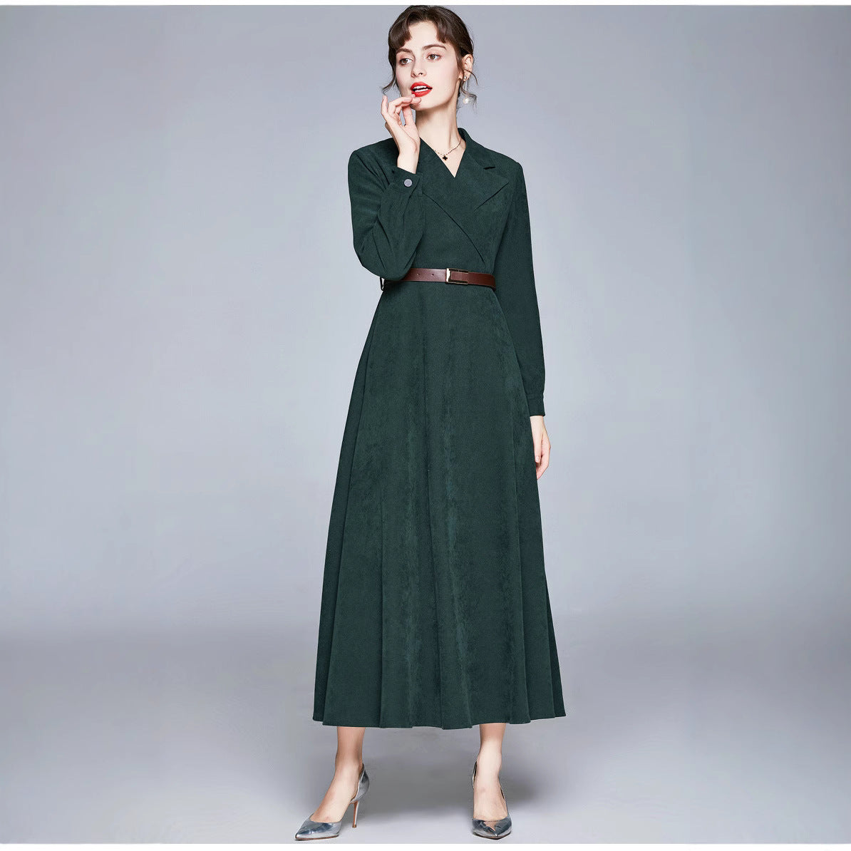 green Suit collar fitted waist maxi dress