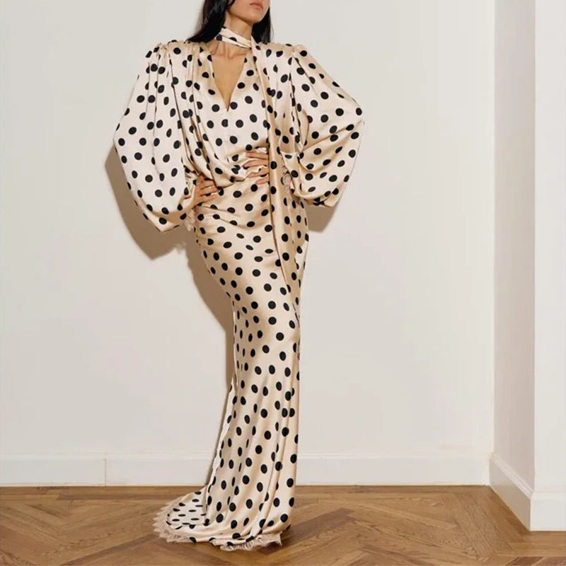 polka dot V-neck puff sleeve waist long skirt set