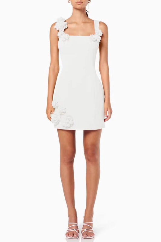 white flower spaghetti strap sleeveless backless A-line dress