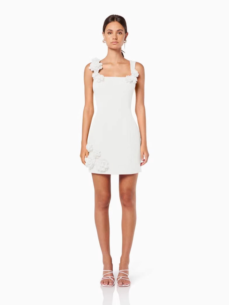 whtie flower spaghetti strap sleeveless backless A-line mini dress