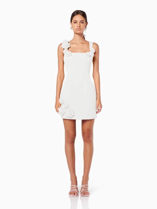 whtie flower spaghetti strap sleeveless backless A-line mini dress