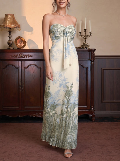 green mesh print strapless back ruffled embroidered dress