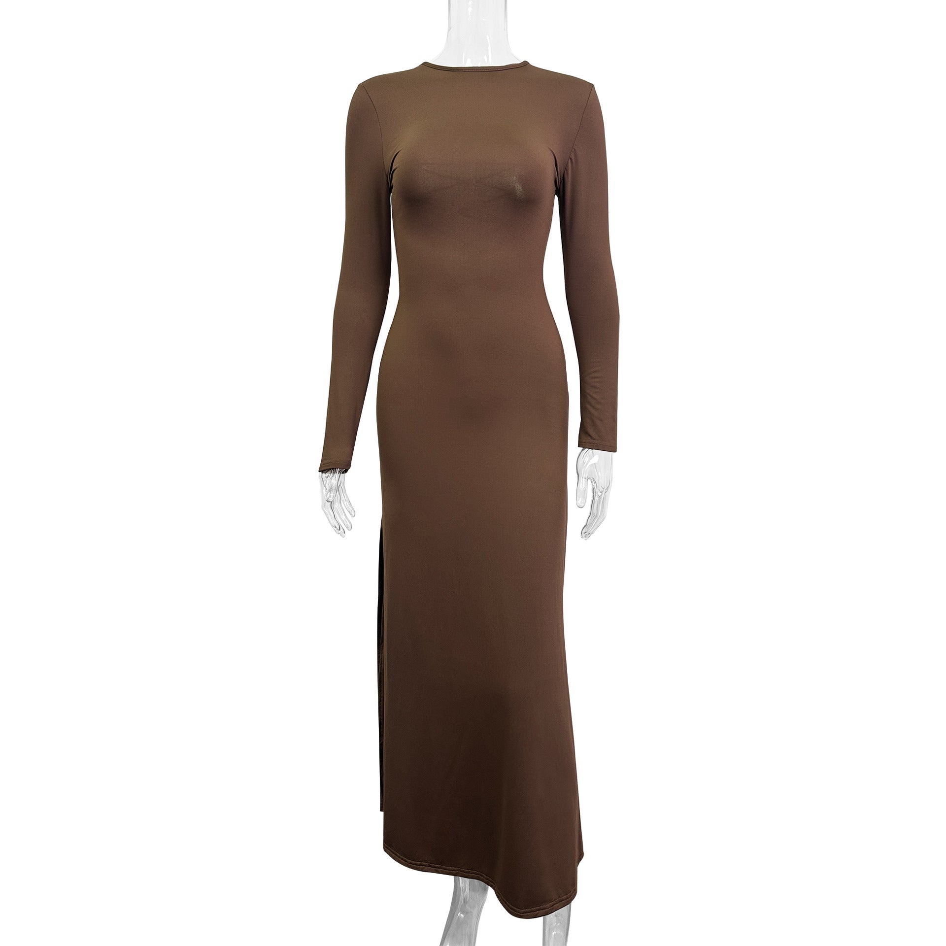 brown Round neck long sleeve hollowed-out backless bodycon dress