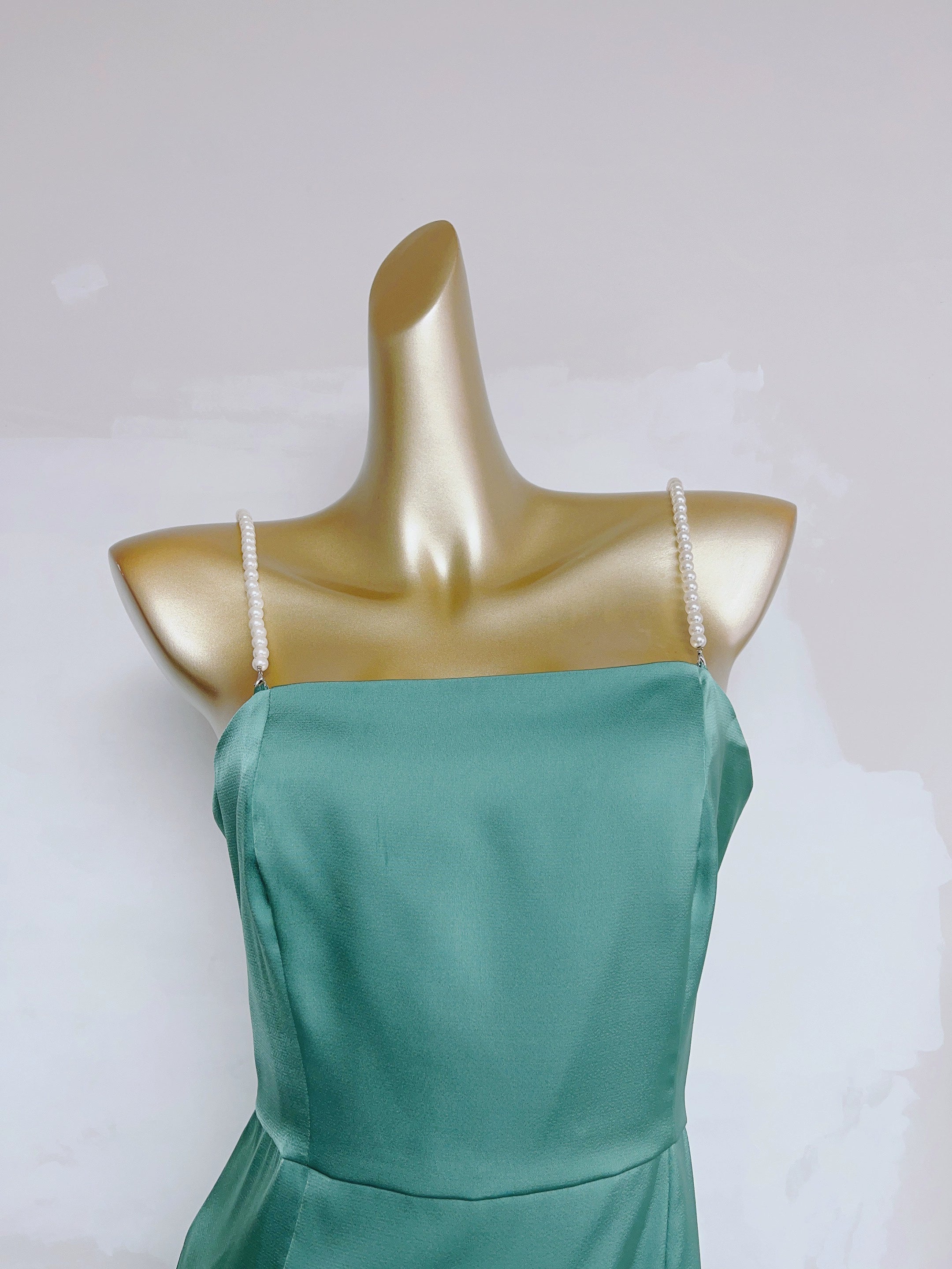 Green  Square Neck Pearl Suspenders mini Dress