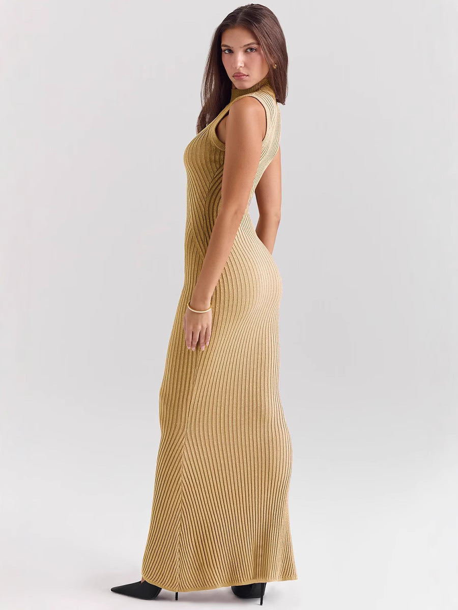 glod Knitted Turtleneck Sleeveless maxi Dress
