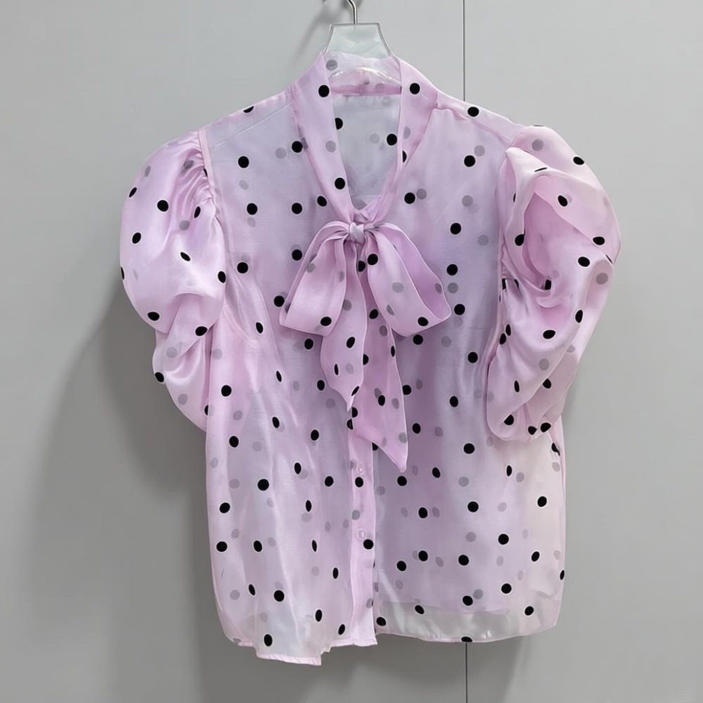 3D bow-tie puff sleeve polka dot sheer shirt