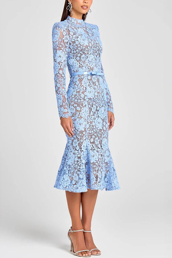 blue Lace Cut-Through Lace Cut-Out Belt Long Sleeve Mermaid Dress