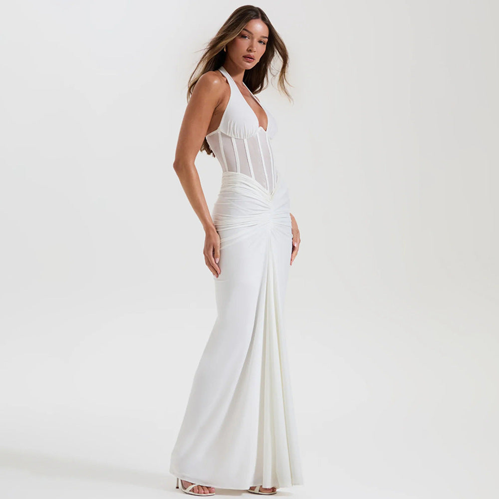 Tie-up halterneck open-back gathered hip dress
